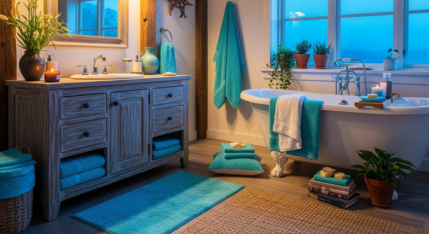 Modern farmhouse styling featuring a turquoise vanity and rustic mirror