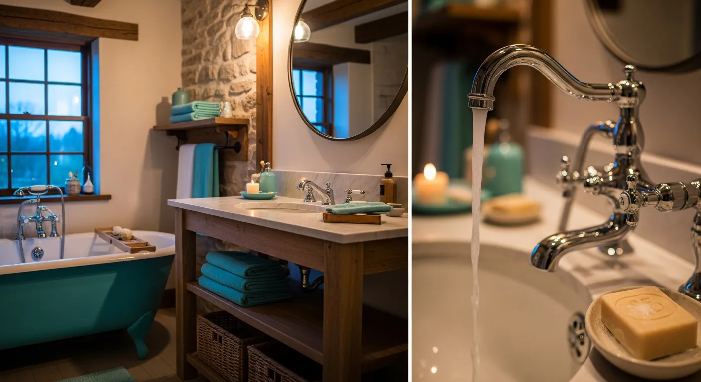 Bright turquoise vanity ideas for farmhouse bathrooms with shiplap background