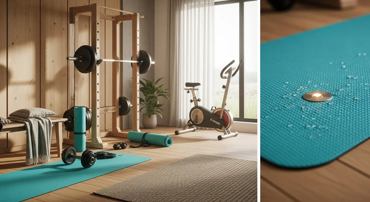 Minimalist wellness space with sleek natural wood exercise equipment and soothing turquoise walls