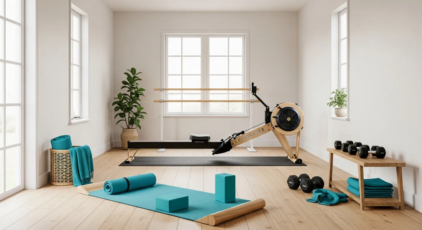 Step by step recreation of beautiful Japandi home gym ideas with turquoise accents