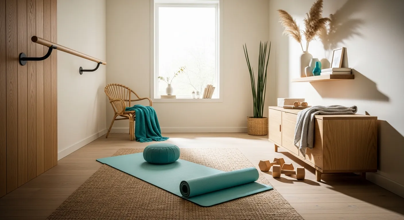 Calming turquoise accent walls in a Japandi style home gym sanctuary