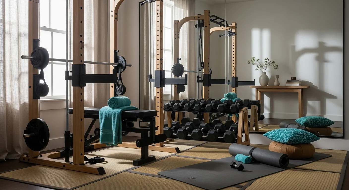 Tranquil Japandi-inspired home gym blending warm natural woods and refreshing turquoise decor