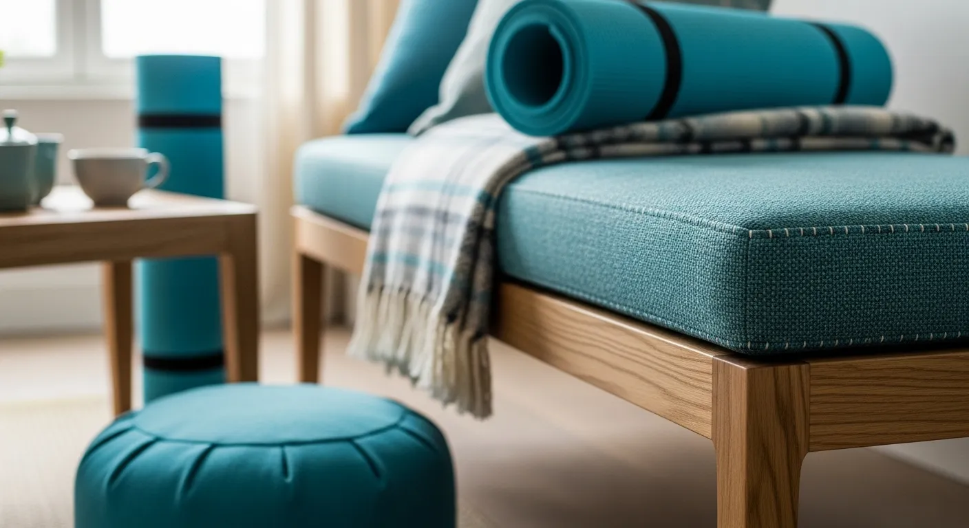 Natural wood workout equipment in a serene turquoise Japandi home gym setup