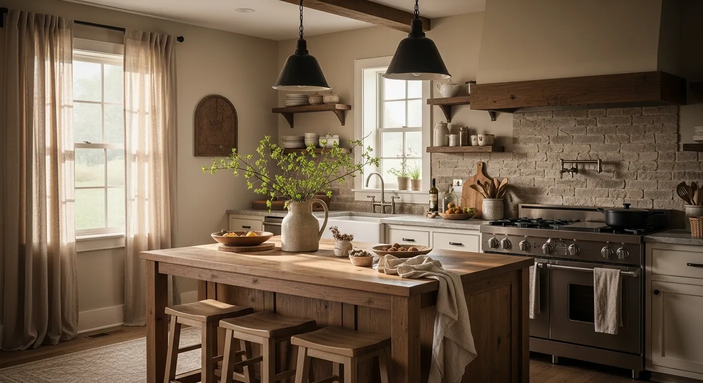 Timeless beige farmhouse kitchen featuring shaker cabinets, rustic wood beams, and vintage pendants