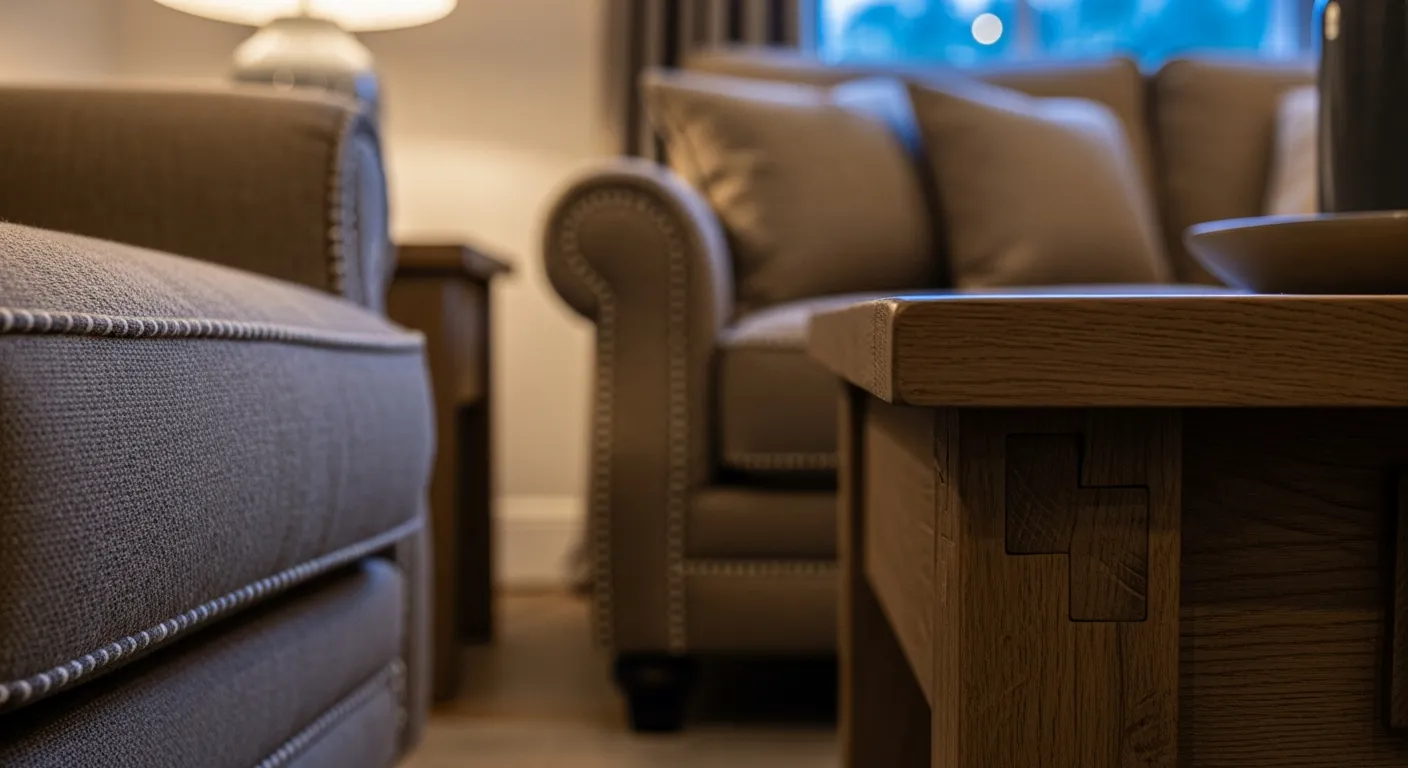 Slipcovered seating and bronze lighting fixtures showcasing comfortable farmhouse living room design.