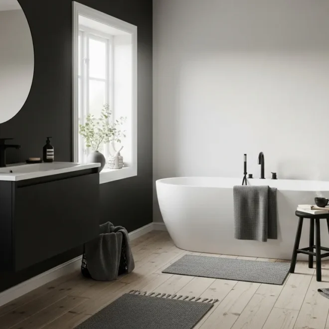 Modern Scandinavian bathroom featuring matte black fixtures, dark walls, and minimalist wood accents.