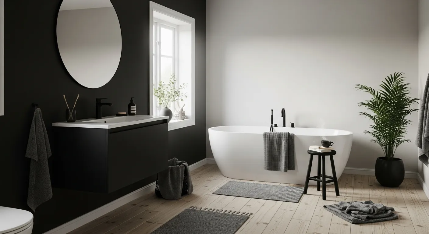 Black minimalist Scandinavian bathroom highlighting color psychology with matte fixtures