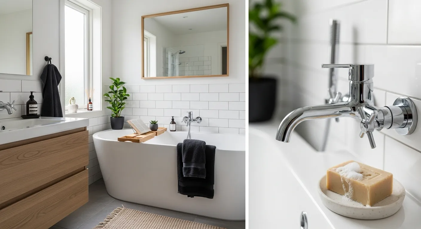 Spa-like Scandi bathroom showcasing matte black finishes and warm wood