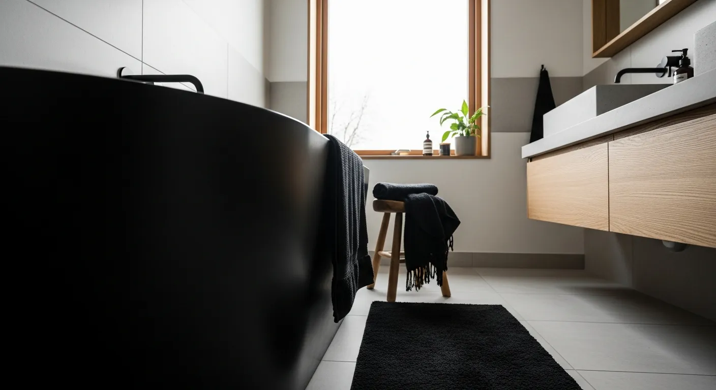 Bold matte black and natural wood textures in a relaxing Scandinavian bathroom
