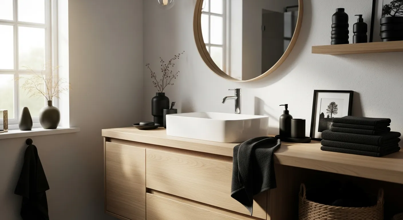 Color palette inspiration for a modern black Scandinavian bathroom with wood tones