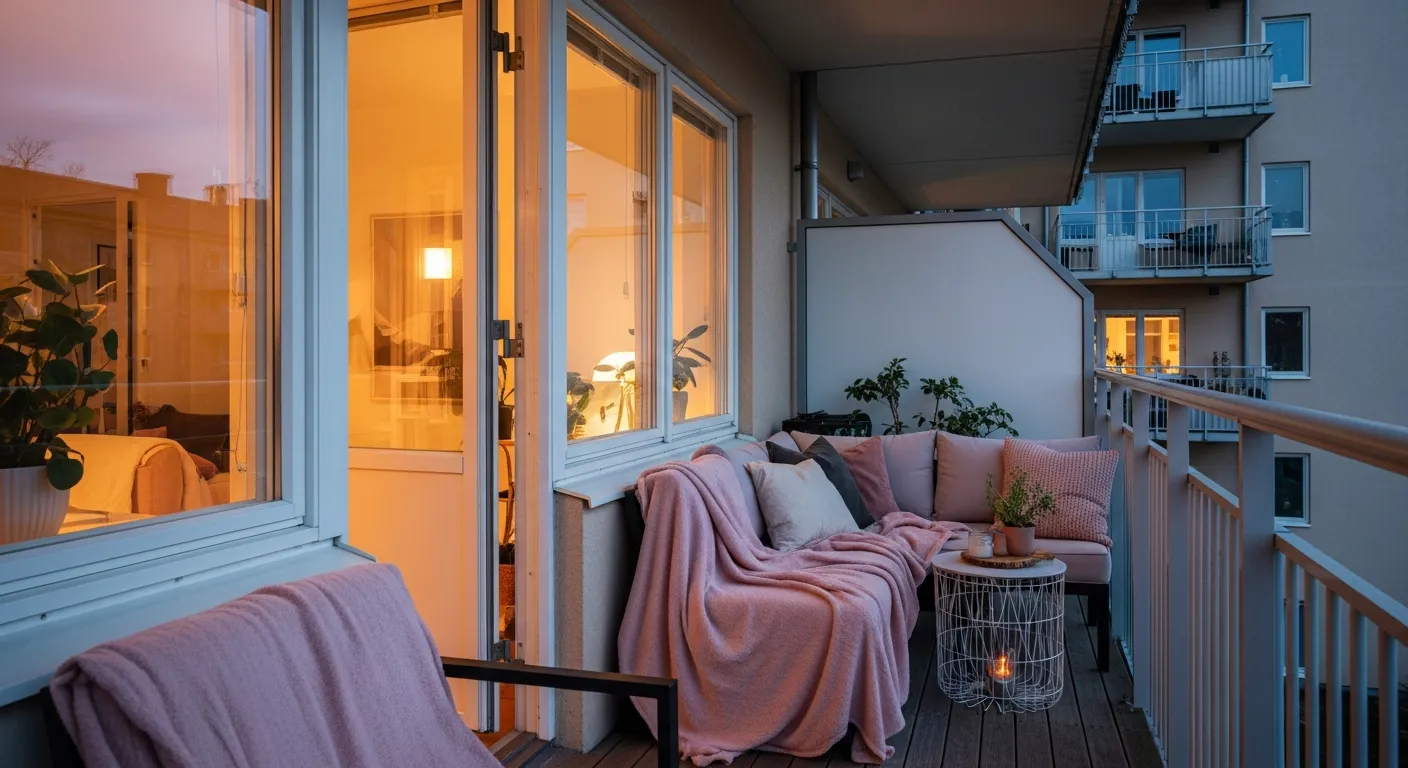 Edgy matte black metal furnishings and raw concrete transformed by inviting blush pink cushions