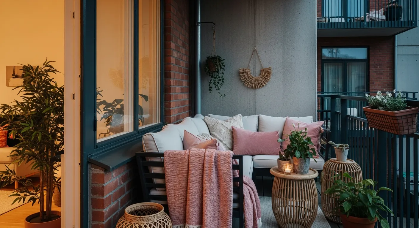 Cozy blush pink textiles and black metal railings styling an urban industrial balcony