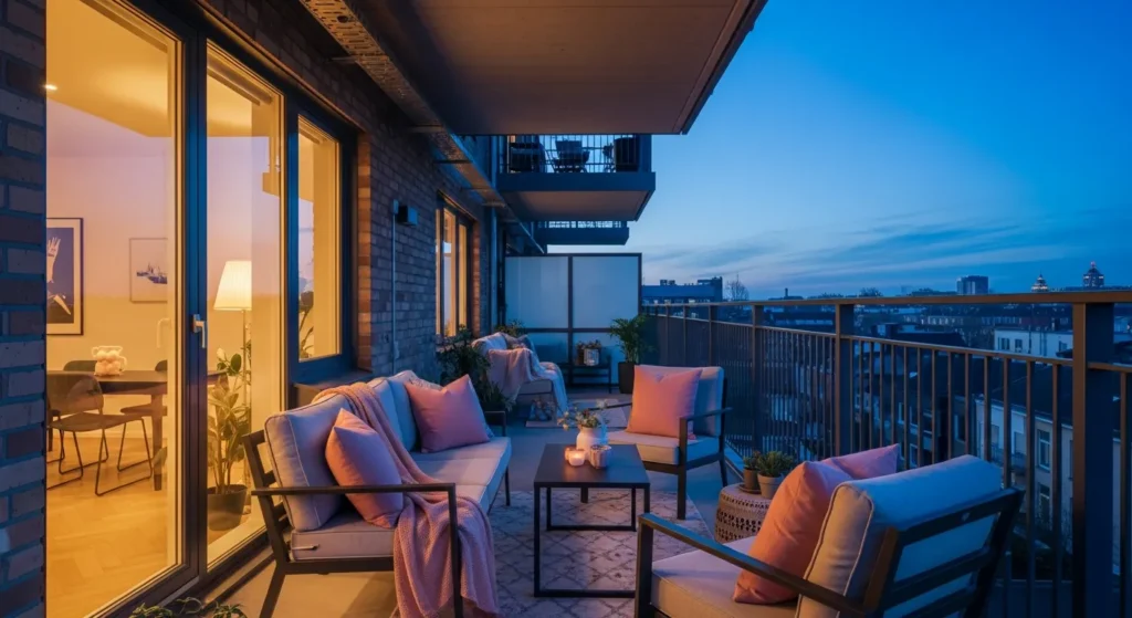 Blush pink textiles and industrial metal accents on a modern outdoor apartment balcony.