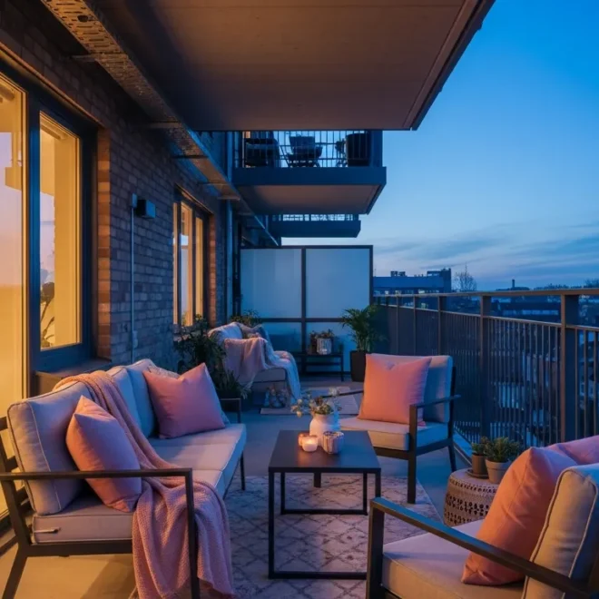 Blush pink textiles and industrial metal accents on a modern outdoor apartment balcony.