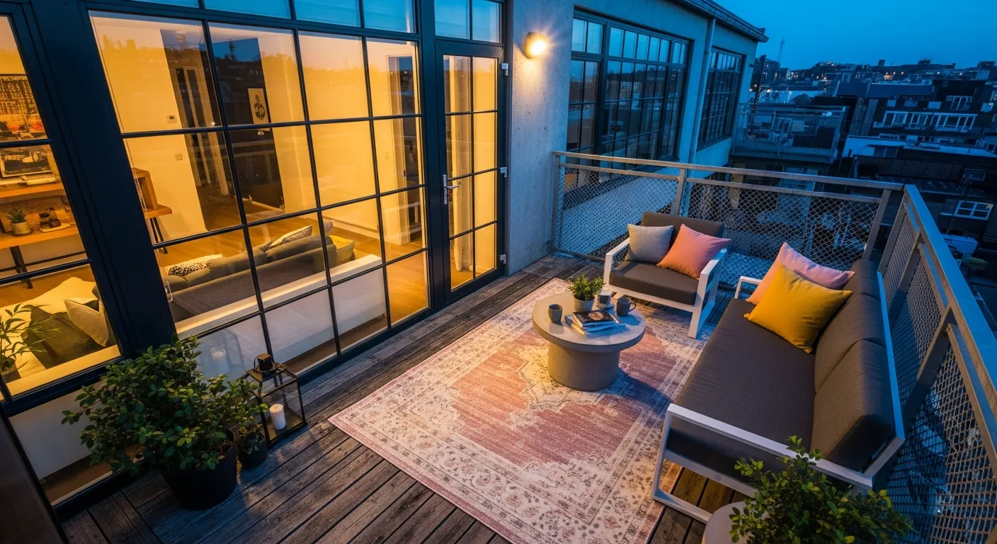 Raw concrete floors and sleek black metal railings softened by delicate blush textiles