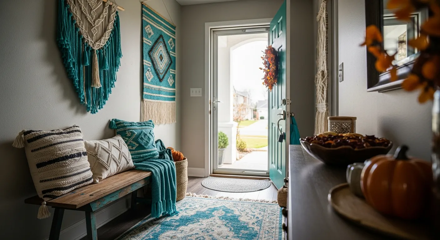 Bohemian style entryway with vibrant teal walls, vintage rugs, and rattan furniture