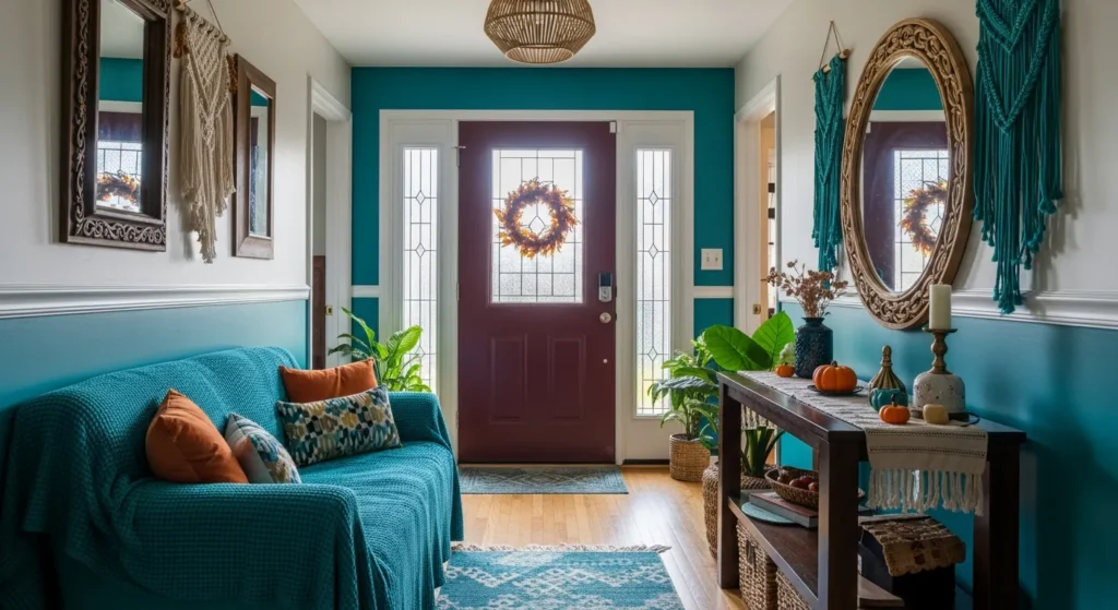 Bohemian entryway featuring a vibrant teal accent wall, macrame decor, and natural wood furniture.
