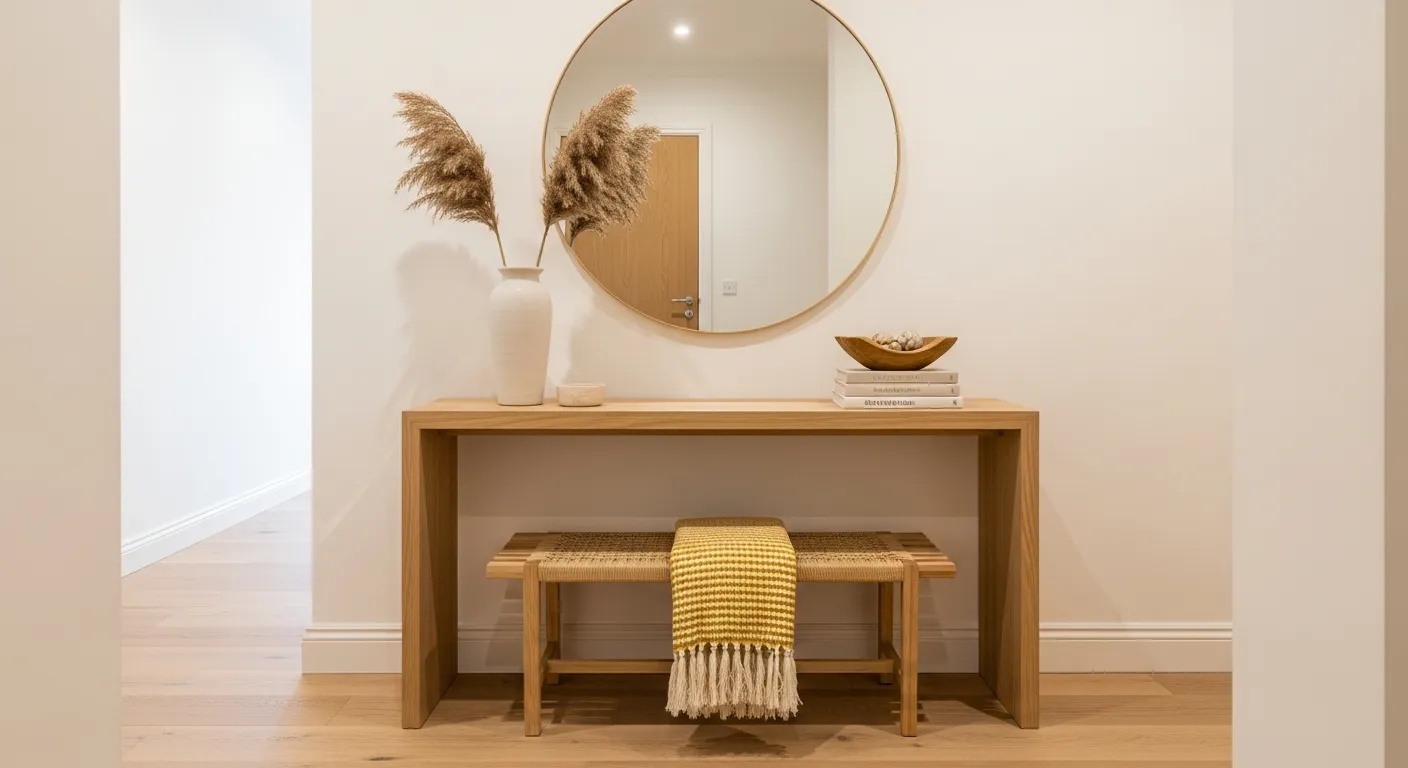 Sleek light wood furniture against soft butter yellow walls in a Japandi entrance