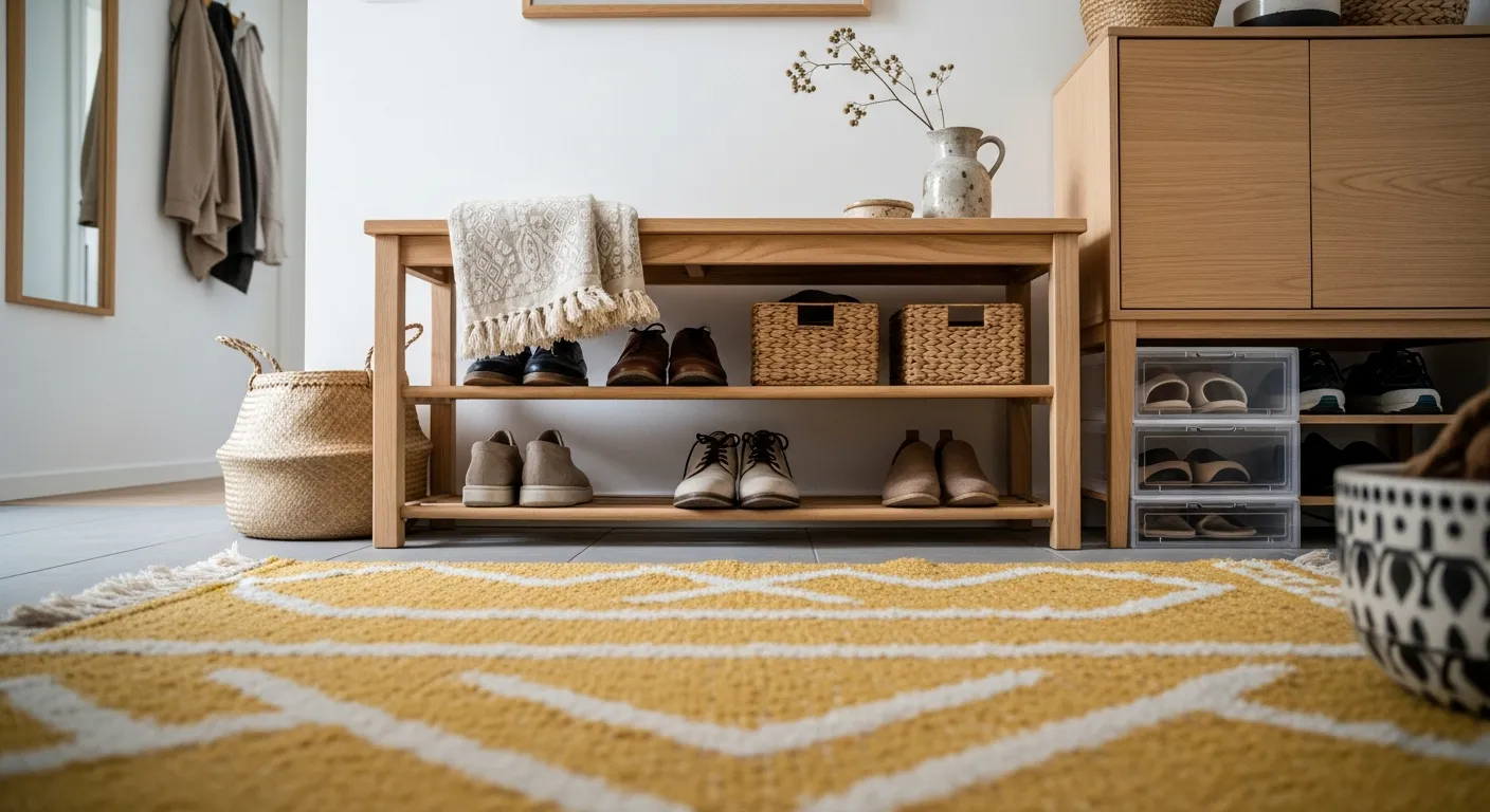 Ceramic vases and light wood console table in a minimalist butter yellow Japandi entryway