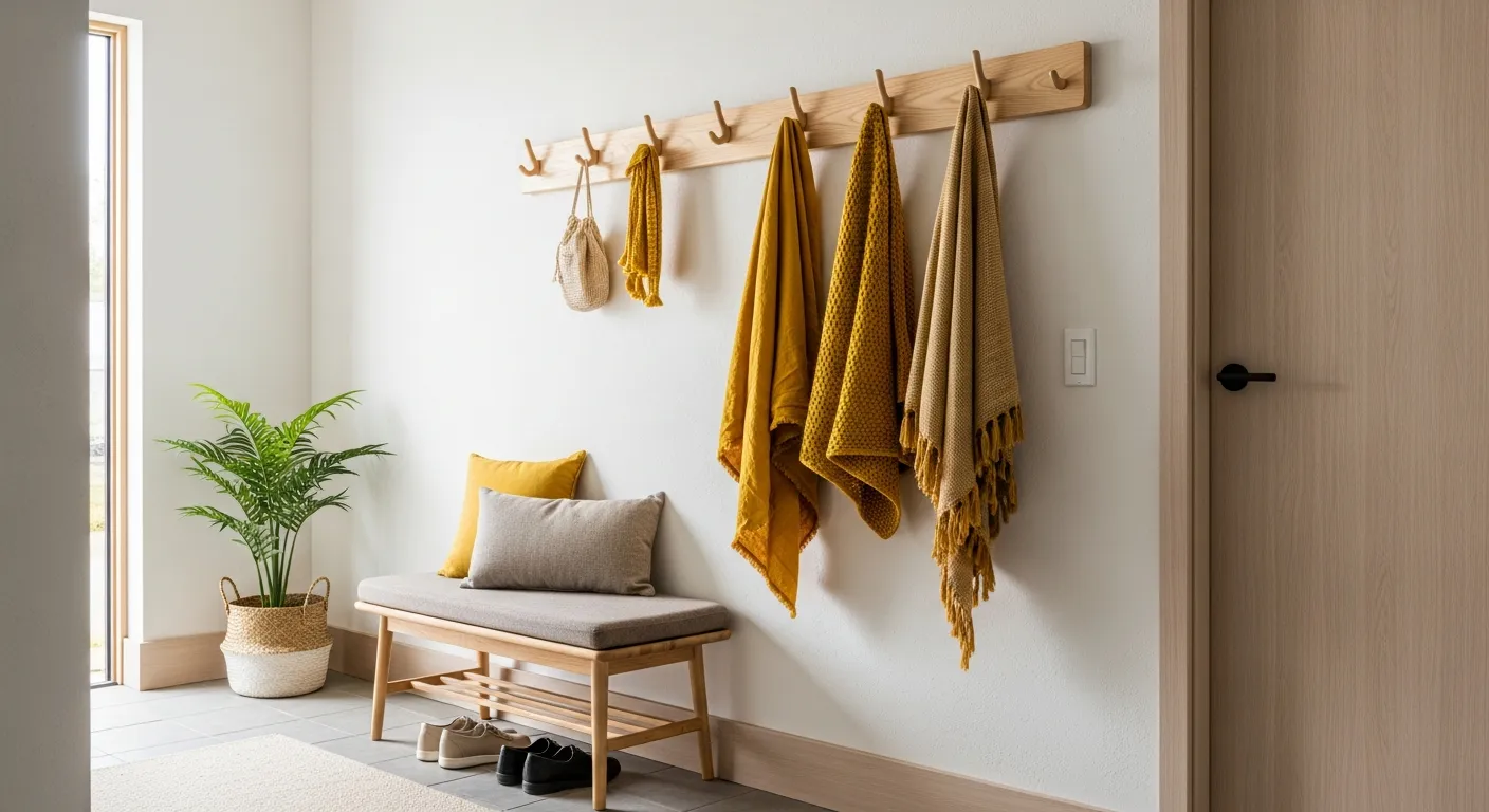 Warm oak wood accents and soft butter yellow painted walls in a clean-lined minimalist foyer