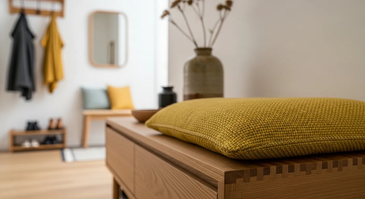 Light oak console table and decor styling for a butter yellow Japandi entryway