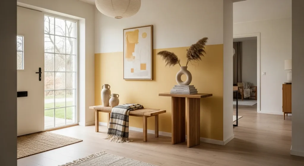 A minimalist Japandi style entryway featuring butter yellow walls and natural wood furniture.