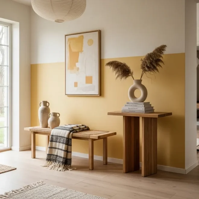 A minimalist Japandi style entryway featuring butter yellow walls and natural wood furniture.