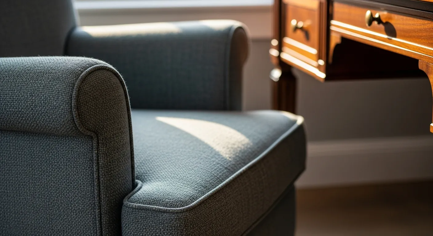 Classic luxury home office desk setup with dusty blue walls and brass accents