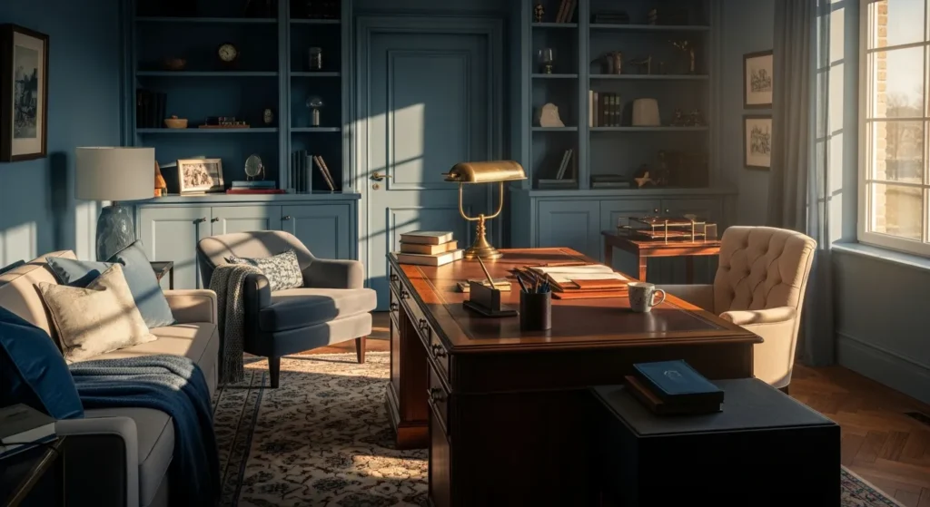 Classic luxury home office featuring dusty blue walls and elegant gold accents.