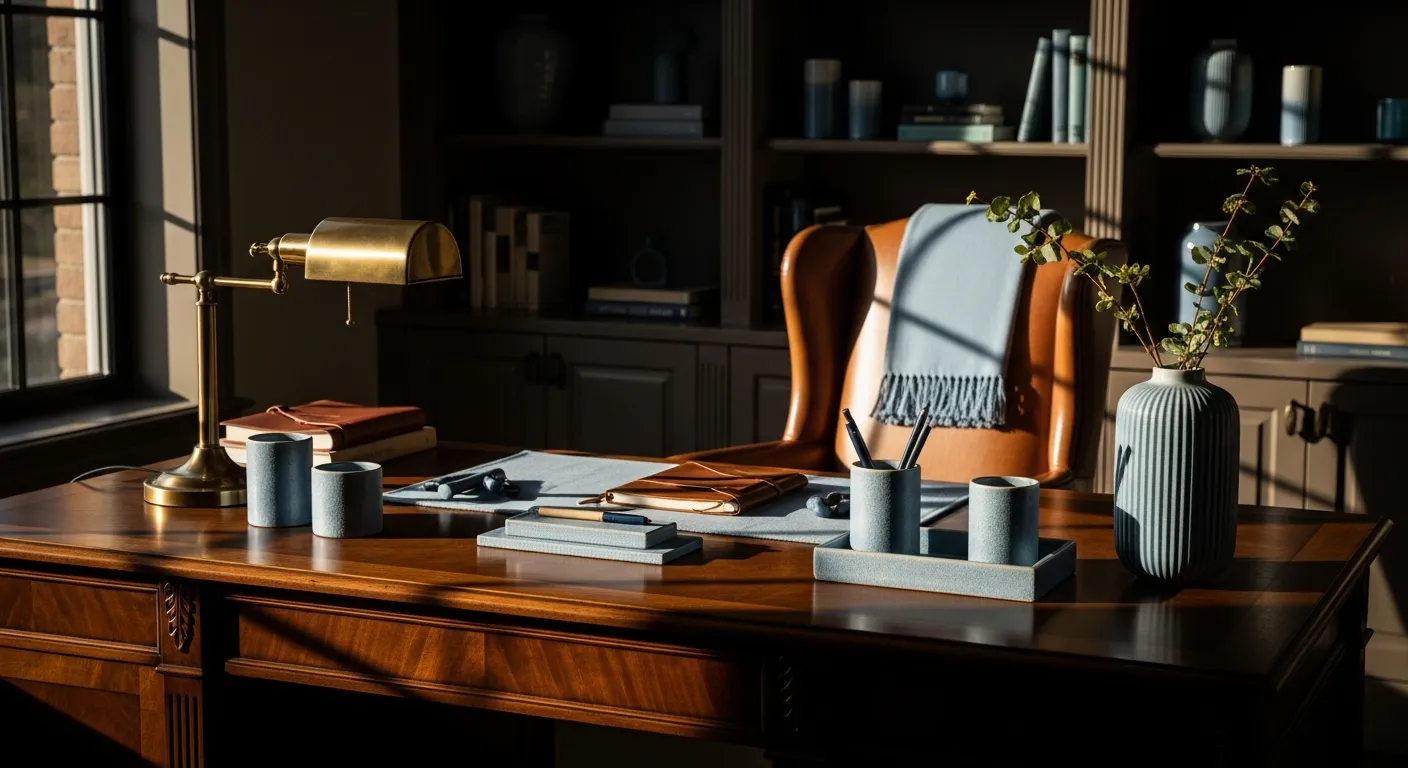 Dusty blue walls with elegant molding and warm wood accents in a home office