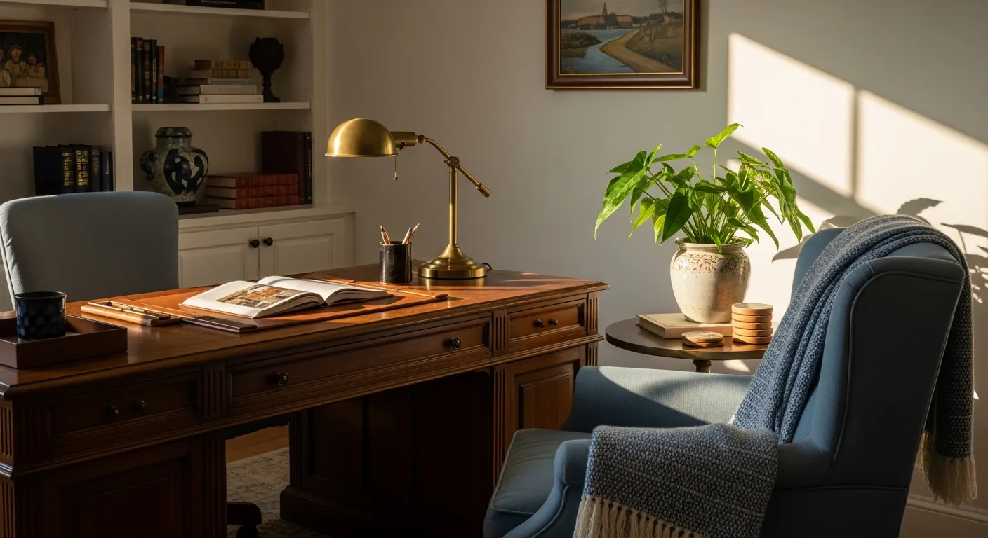 Vintage brass accents and classic wood furniture against dusty blue walls