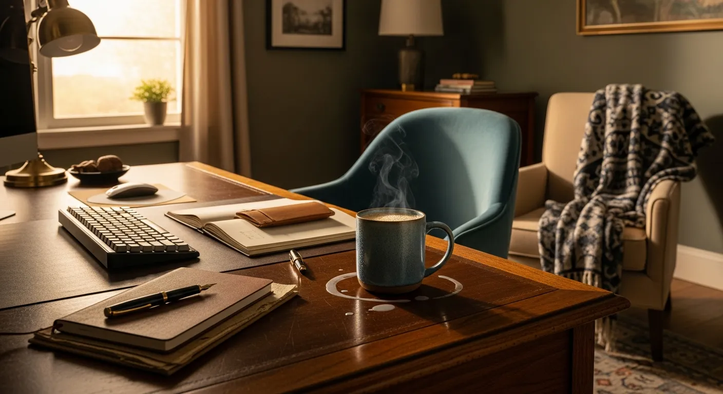 Inspiring dusty blue workspace with classic luxurious details and gold accents