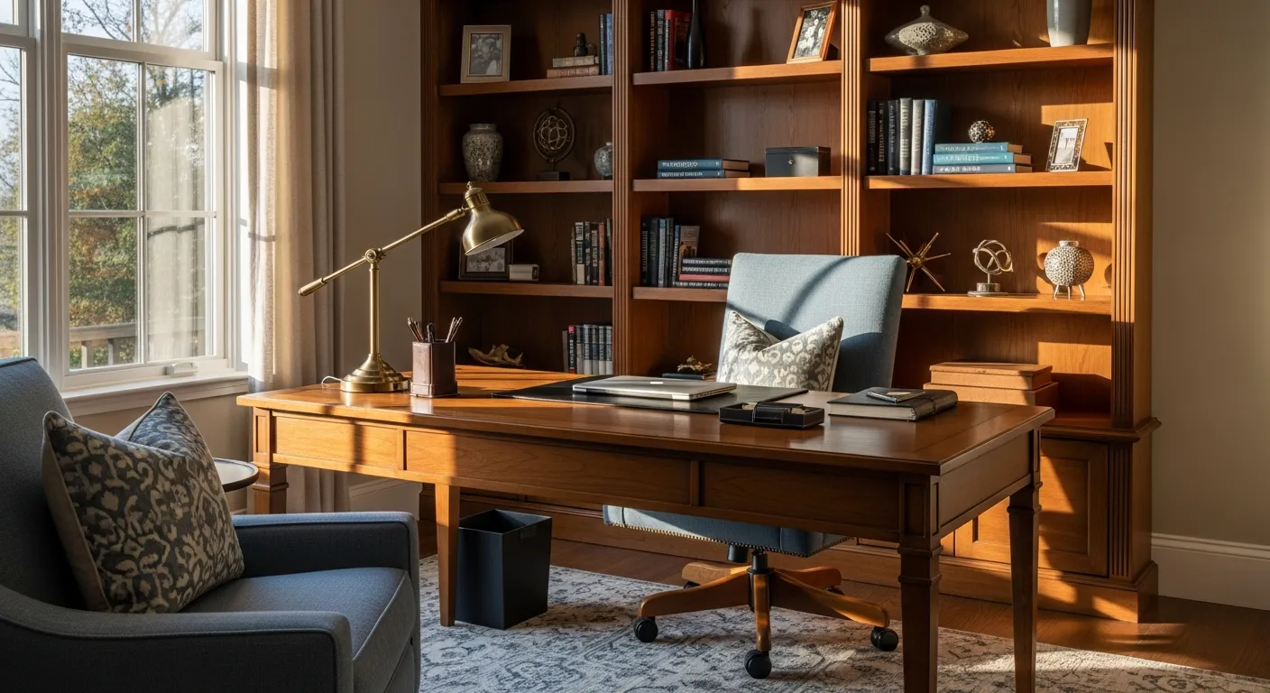 Stunning dusty blue background with rich brass accents and timeless wooden desk