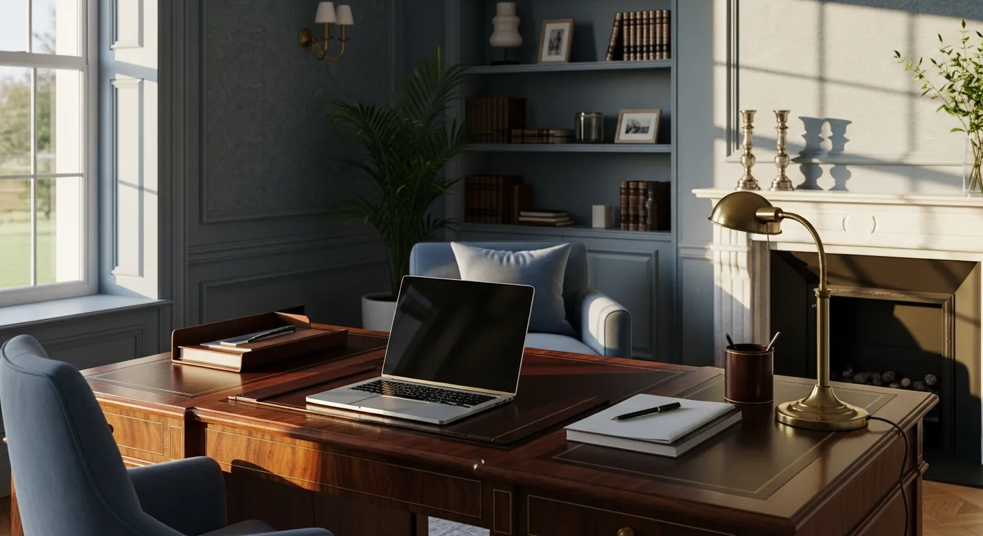Elegant wainscoting and vintage desk complementing soothing dusty blue walls