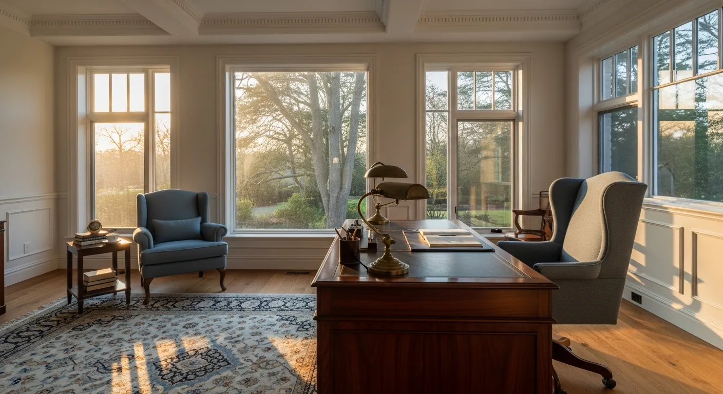 Sophisticated dusty blue wainscoting and mahogany desk in luxury office