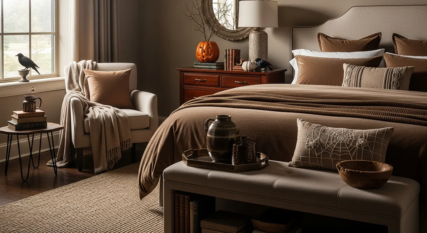 High-end bedroom suite color palette combining mocha textiles and classic architectural details.