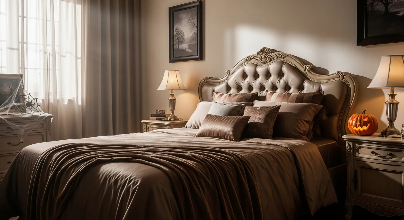 Elegant master bedroom design featuring rich mocha tones, layered bedding, and a tufted headboard.