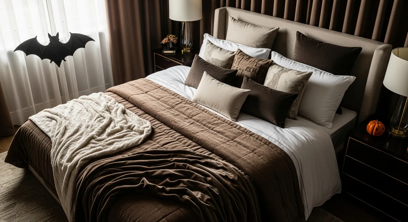 Opulent master bedroom with rich mocha velvet bedding, elegant drapery, and warm lighting.