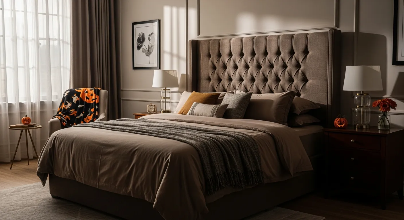 Luxurious master bedroom decor with a tufted mocha headboard and classic warm lighting.