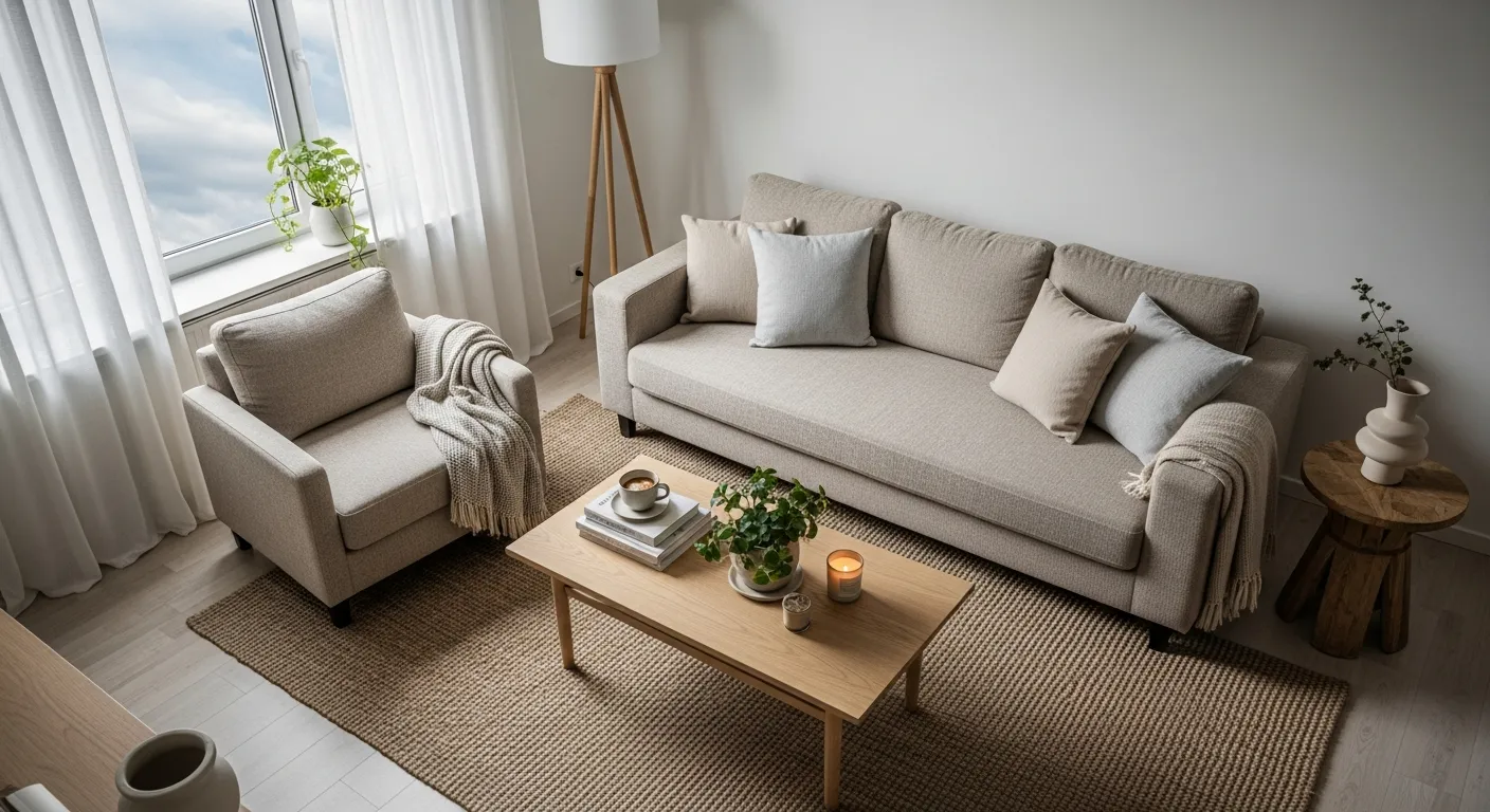 Beautifully styled cozy beige Scandi living room ideas with minimalist wooden decor