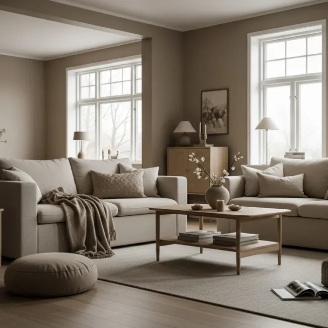 Bright Scandinavian living room featuring a plush beige sofa and warm natural textures.