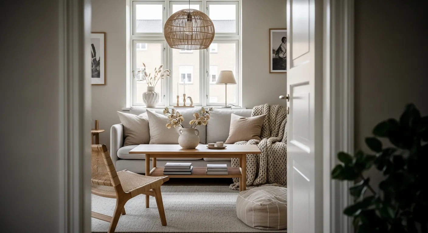 Tranquil Scandinavian living room featuring a cozy beige sofa and textured rug