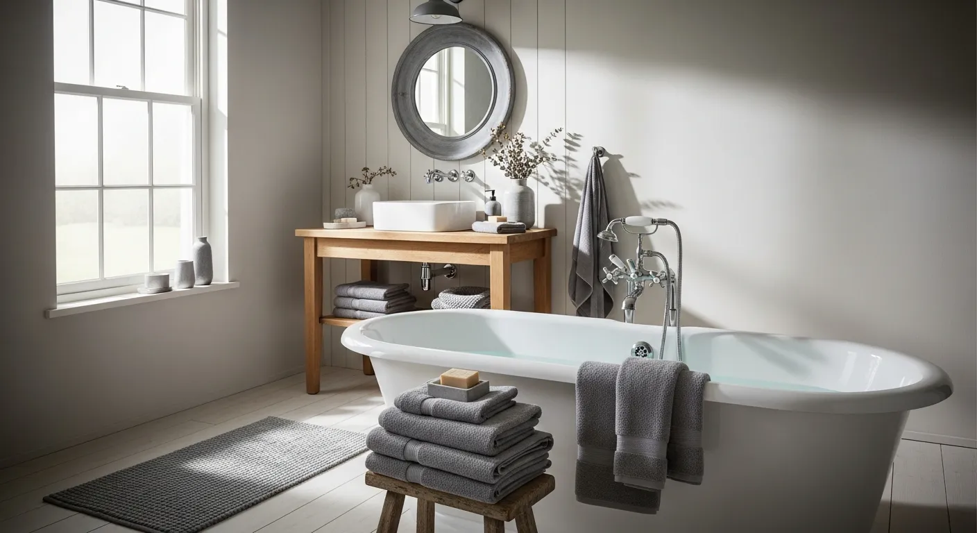 Cozy gray farmhouse bathroom palette ideas highlighting rustic wood accents, soft neutral walls, and vintage-inspired plumbing fixtures
