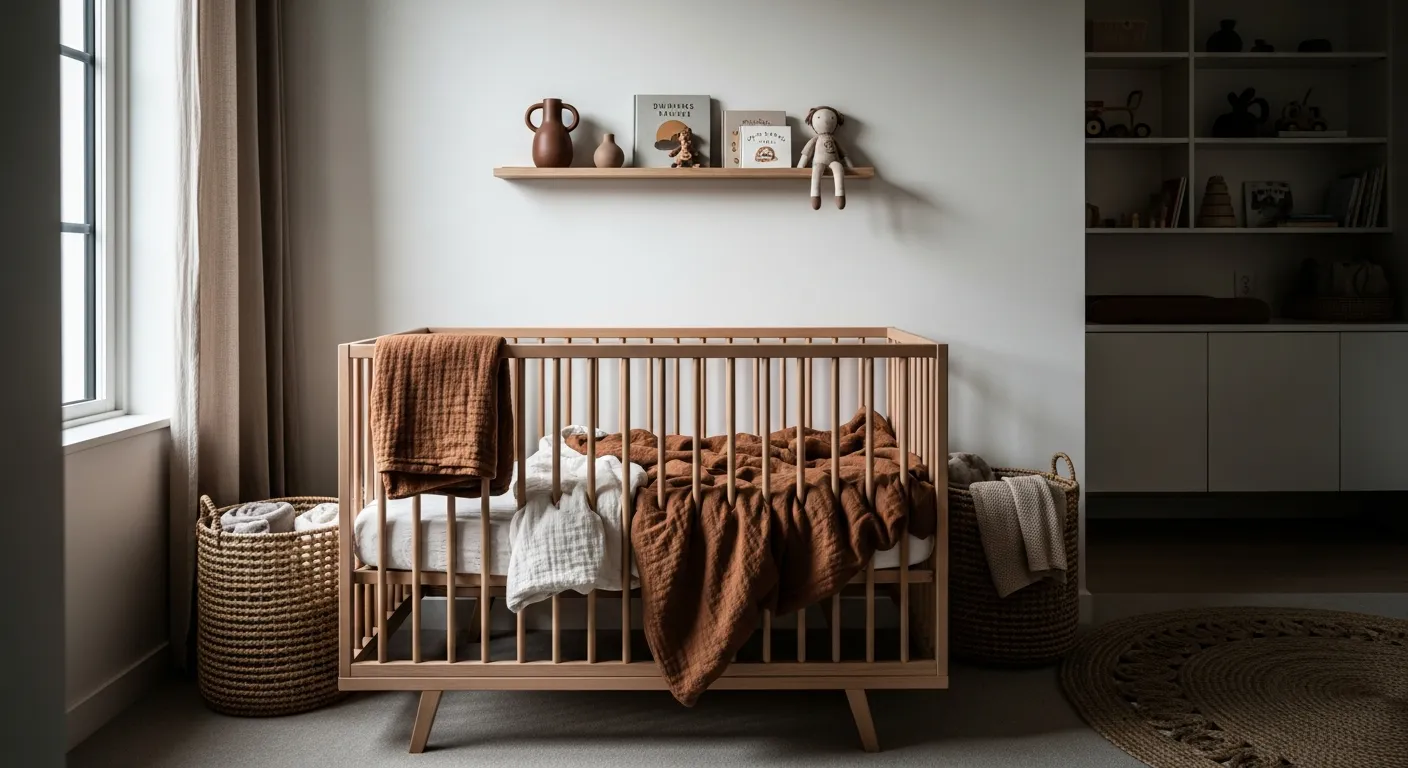 Soft earthy textiles and a minimalist wooden crib showcasing Japandi nursery colors