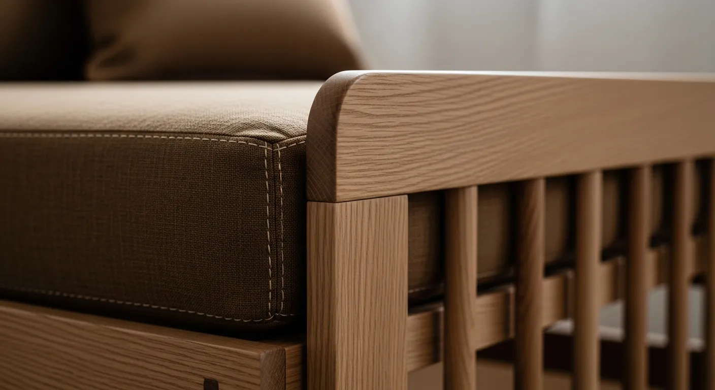 Minimalist natural wood furniture in a warm mocha Japandi kids room