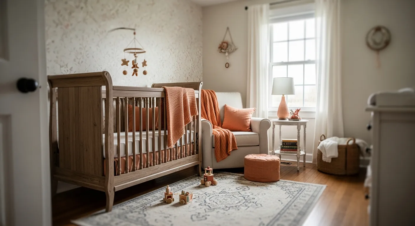 Comforting farmhouse kids room space featuring warm peach decor and rustic textiles