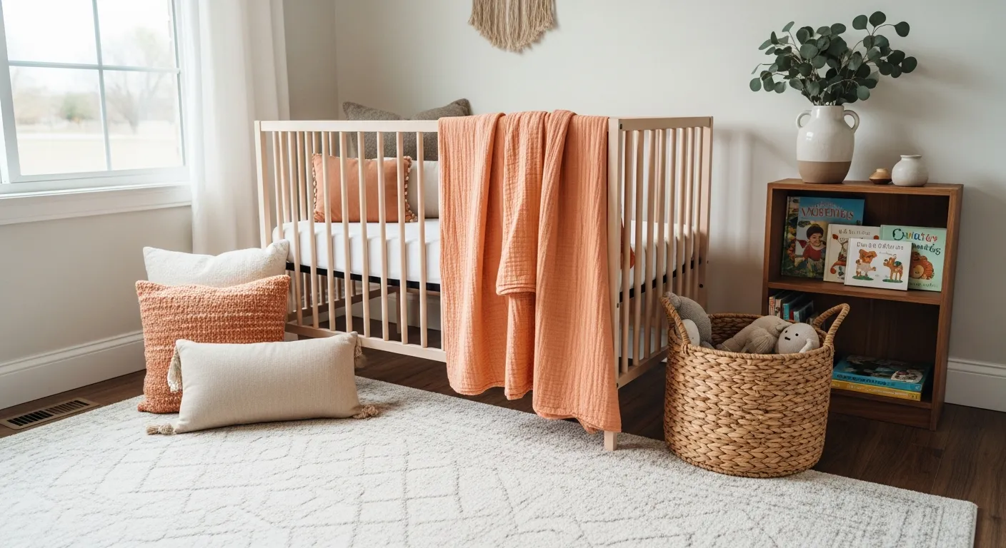 Budget styling tips for a soft peach farmhouse kids room with woven textures