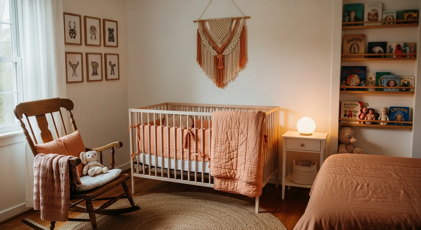 Vintage farmhouse nursery decor ideas with soft peach hues and natural wood furniture
