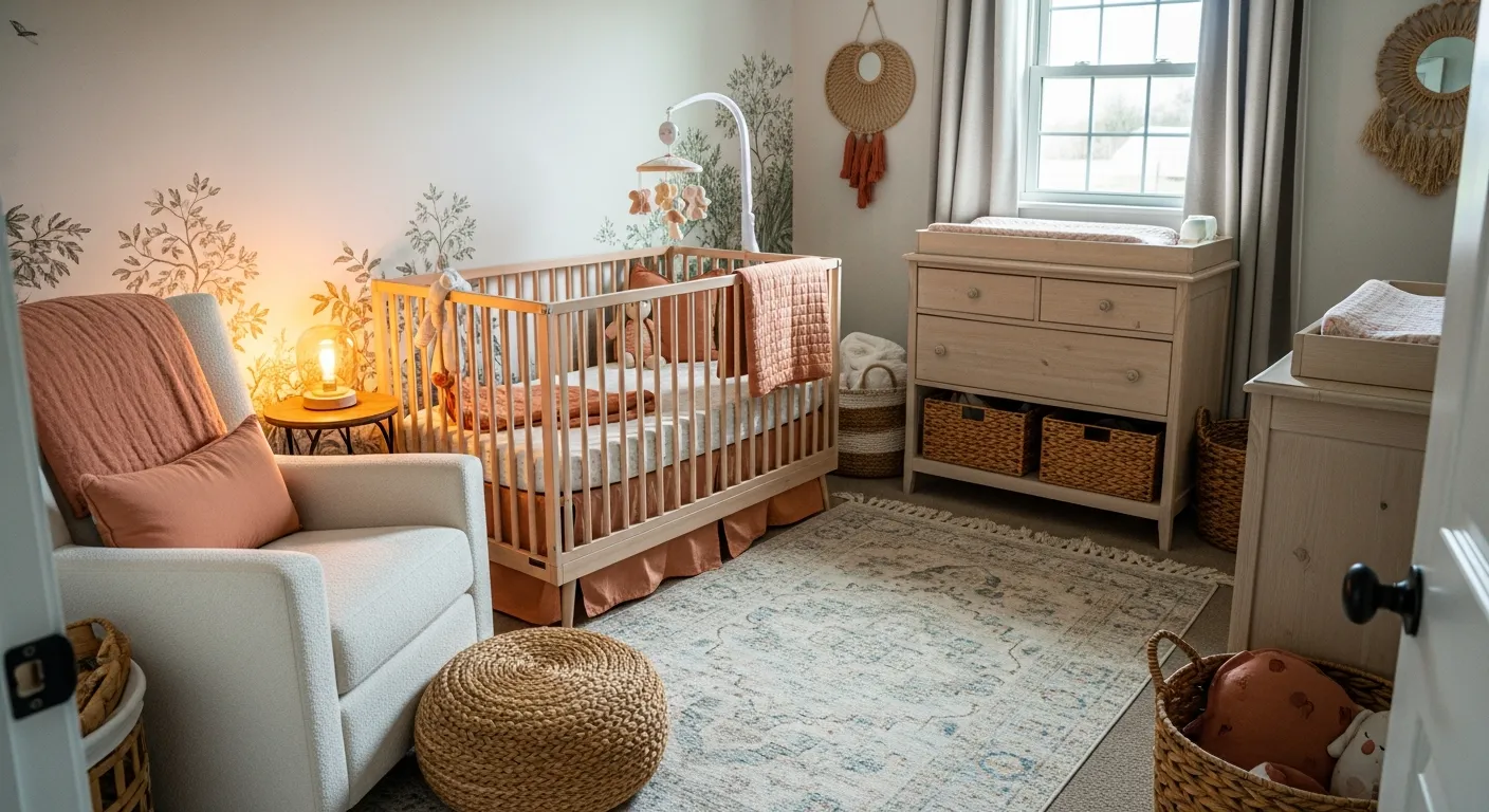 How to recreate soft peach farmhouse nursery walls with rustic wood accents