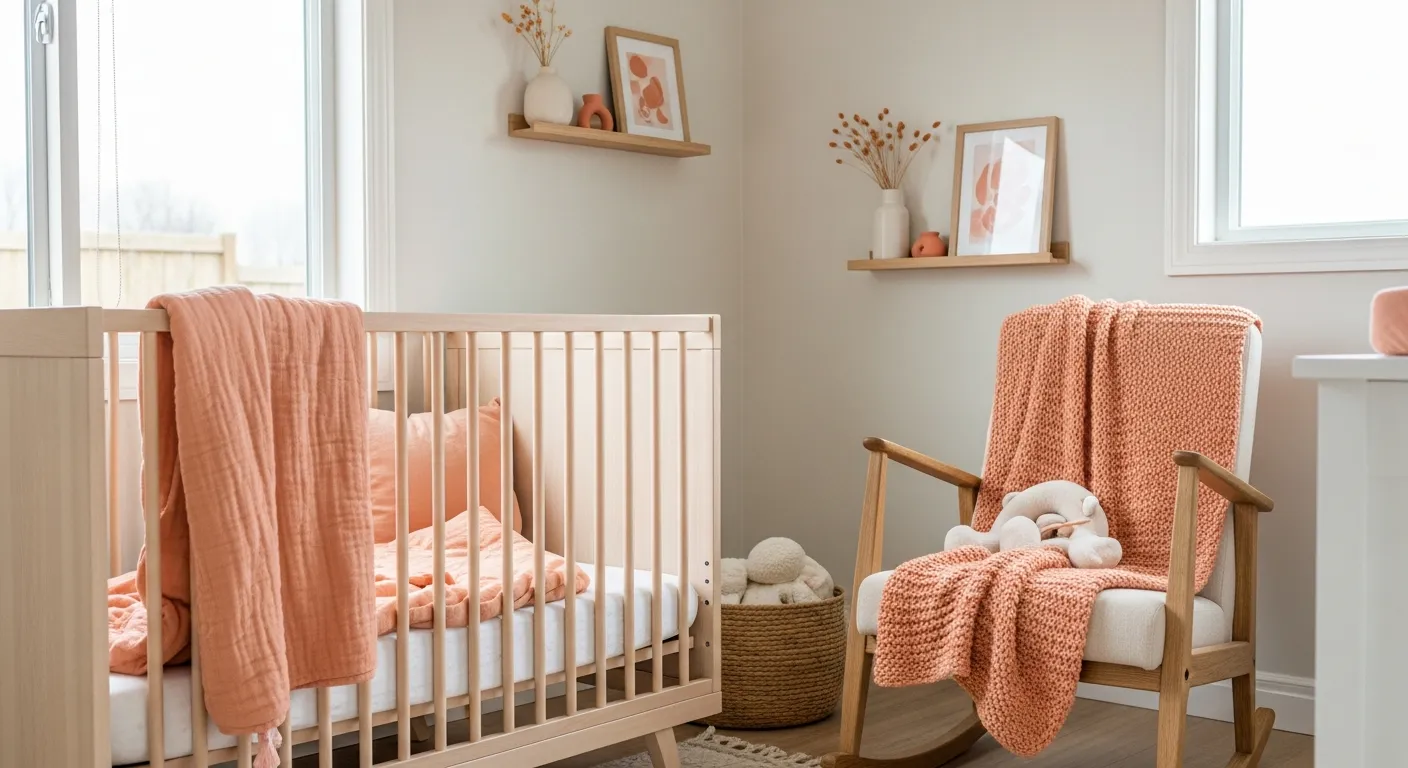 Peach color combinations in a cozy farmhouse style nursery with natural light